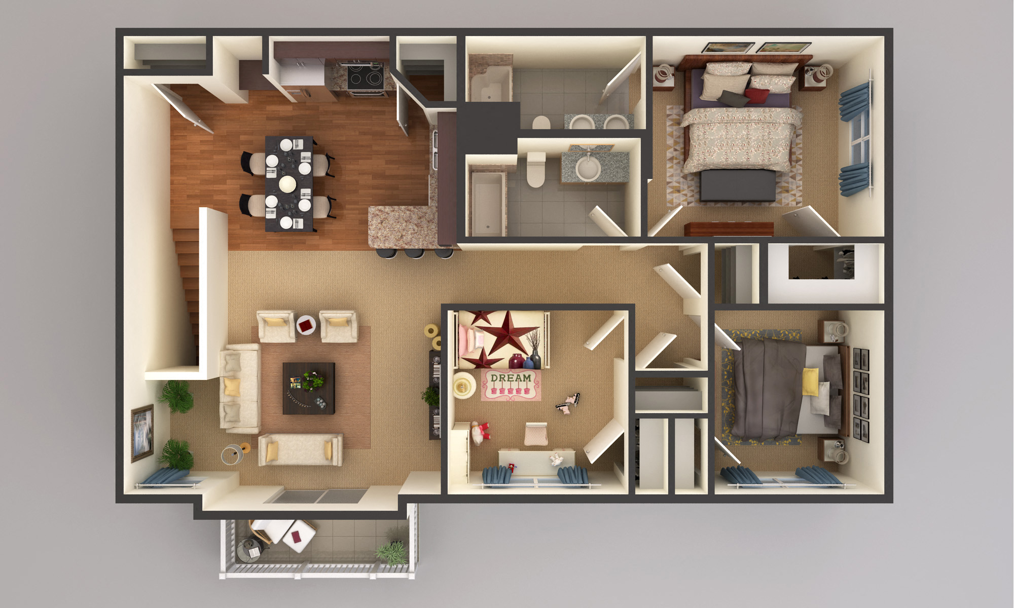 Floor plan for 3 beds, 2 baths, 1322 sqft